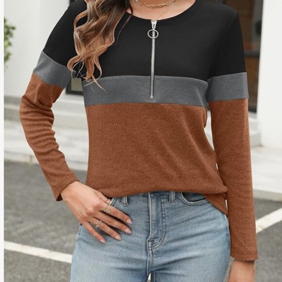 NEW Women's Long Sleeve Shirts Color‎ Block Zipper Tops Tunic Size S - Picture 1 of 13